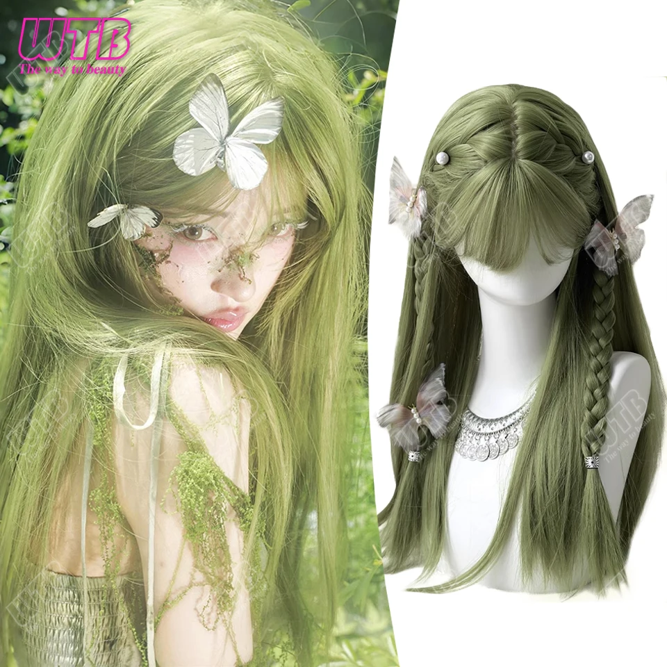 

Green Long Straight Synthetic Wig female Cosplay Straight Bangs Fluffy Smooth Long Straight Hair Wig Halloween hairstyle