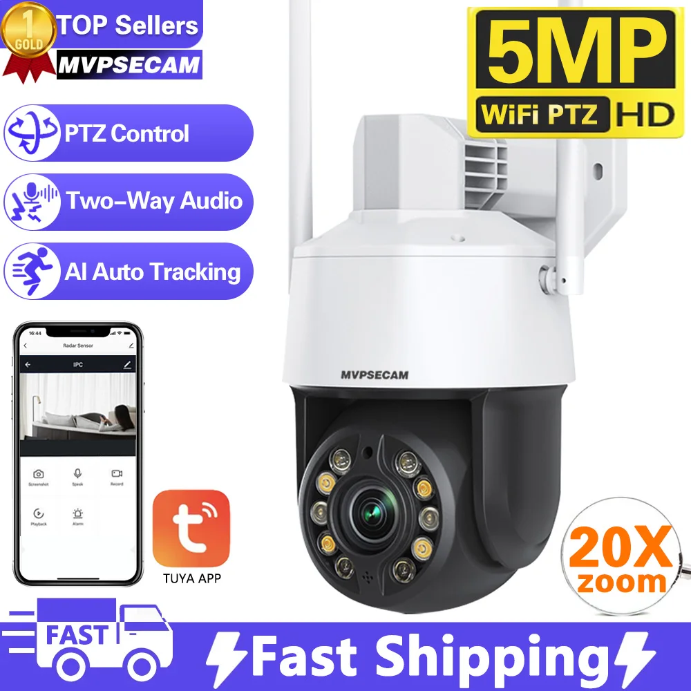 

5MP Tuya 20X Optical PTZ Zoom Security Camera Outdoor Full Color Night Vision WiFi Video Surveillance Cameras Auto Tracking 4K