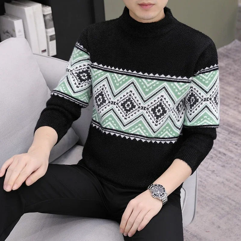 Men's Winter Knitwear Half High Neck Printed Pullover Thickened Warm Versatile Pilling Resistant Young Adults Base Layer Sweater