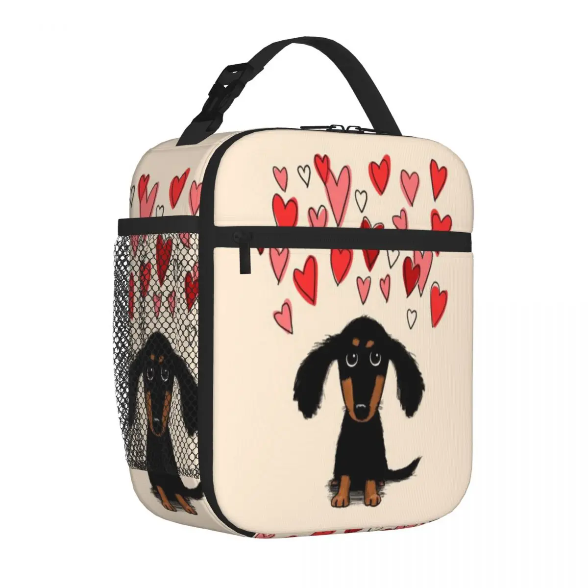 Bestselling Cute Dachshund Puppy Dog With Valentine Hearts Denim Style Cooler Lunch Bag Wilderness Camping Snack Bag
