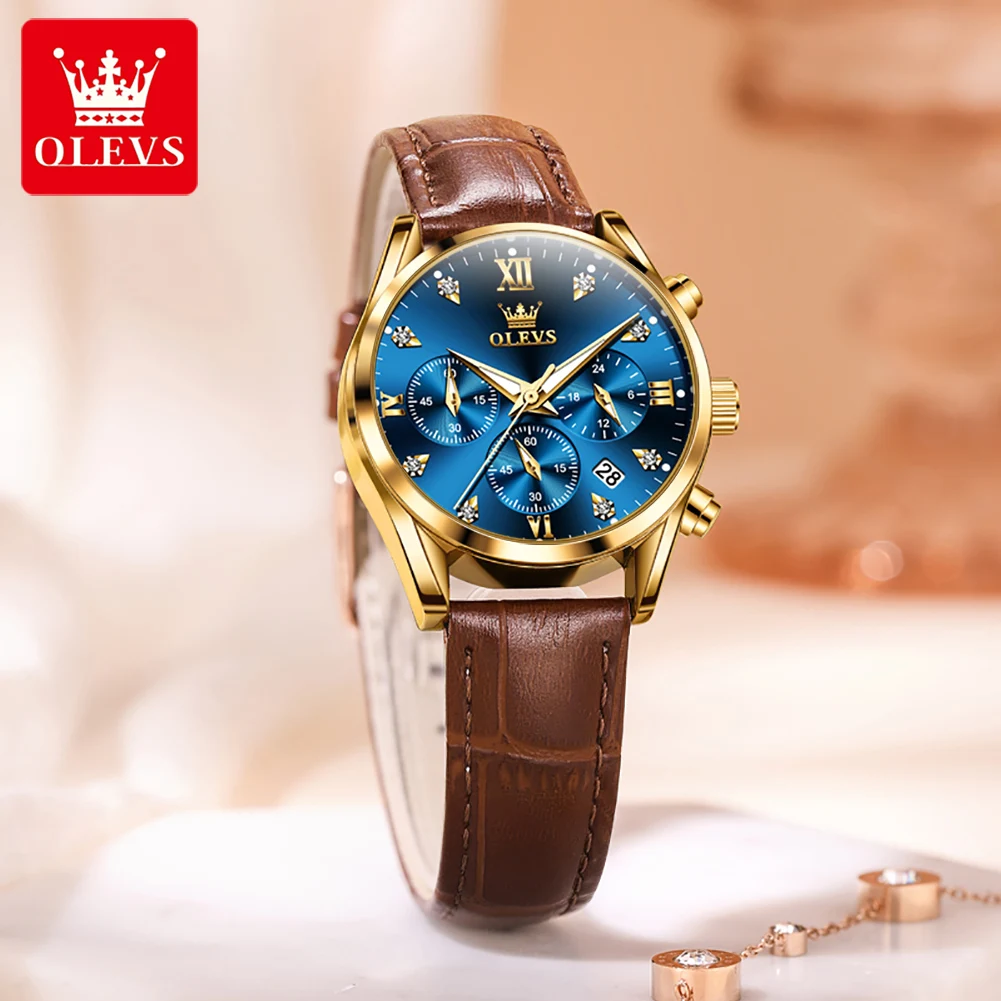 OLEVS Quartz Women\'s Watch Multifunctional Chronograph Waterproof Luminous Leather Strap Waterproof Luxury Elegant Ladies Watch