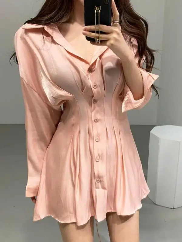 Vestido camisero de manga larga para mujer, elegante vestido coreano, brillante, cintura doblada, con cordones en la espalda, cuello abatible, botonadura única, 1LTN