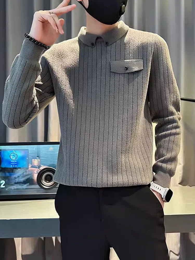 

Мужской полосатый трикотажный свитер с длинным рукавом и воротником, зимний, новый, приталенный, повседневный, свободный крой, из смесового полиэстера