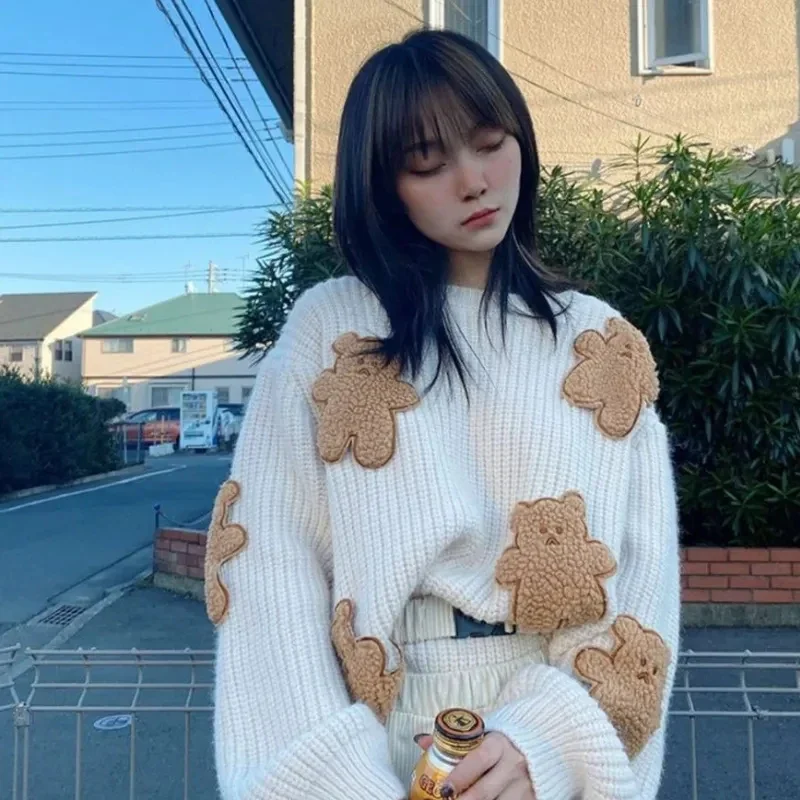 Sweet Cartoon Bear Sweater Women Cute Knitted Pullovers Japanese Harajuku Oversized Knitwears Korean Loose Casual Jumper Tops