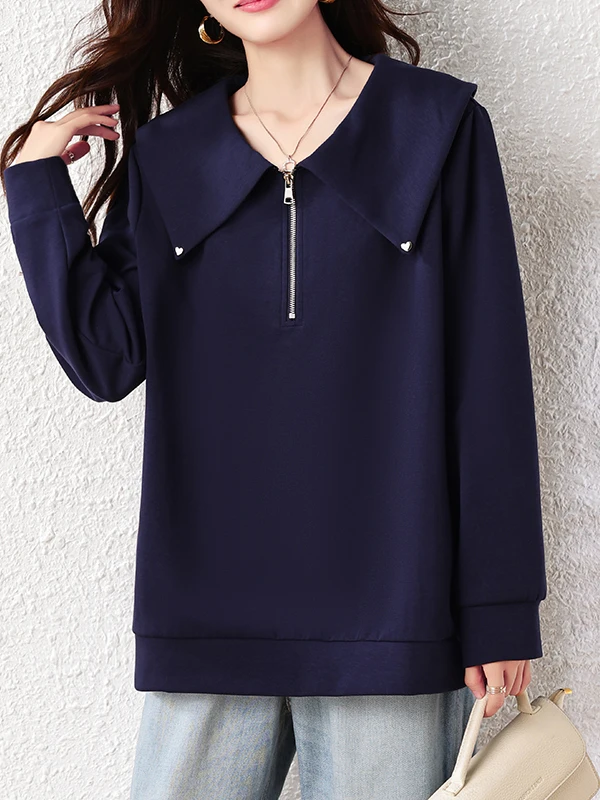 Authentic 2026 Autumn Winter Women's Loose Hoodie Half Zip Large Collar Pullover Sweatshirt Commute Style Mid-Length Polyeste...