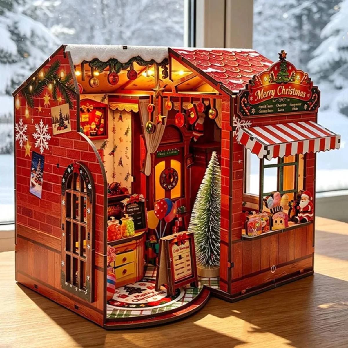 DIY Wooden Miniature House Kit Christmas Village Cottage Craft Set Handmade Decoration Creative Gift Home Decor Holiday Ornament