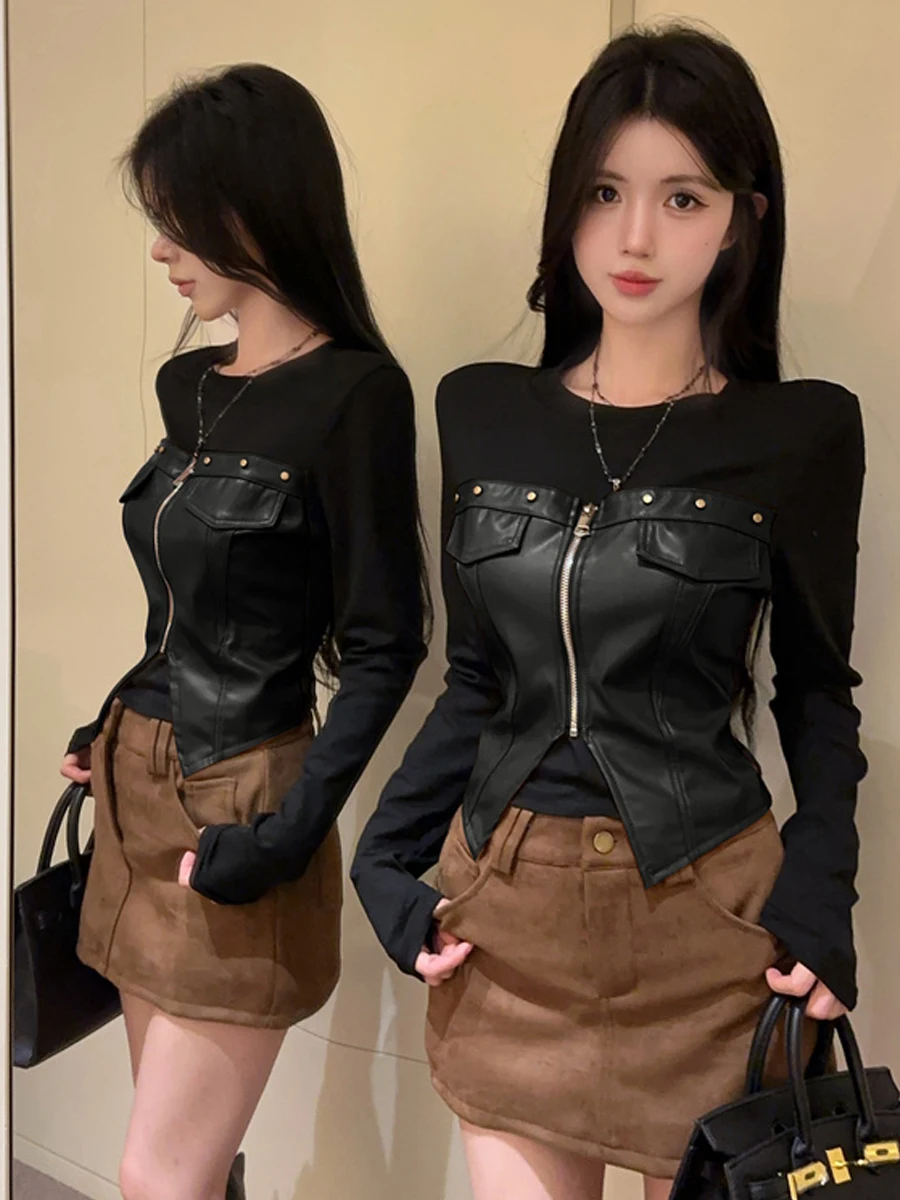 Sexy American Style PU Leather Sleeve T-Shirt Short High Waist Slim Fit Sweet Cool Collarless Top for Young Women Autumn Wear