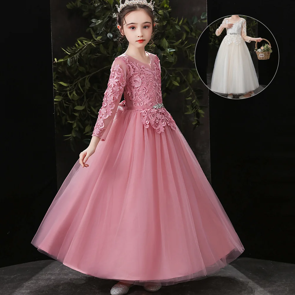 ELBCOS 6-14T Kid Girls Embroidery Solid Color Long Sleeve Beading Bow Belt Straight Skirt Costumes Evening Full Layered Dress