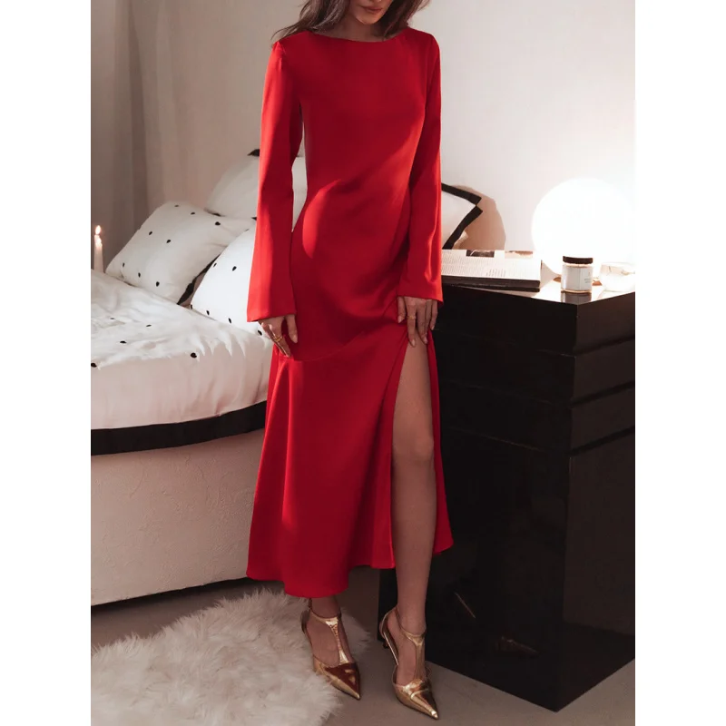 

French Sexy Imitation Acetate Satin Flare Sleeve Side Split Dress 2024 European and American New Spring Fashion