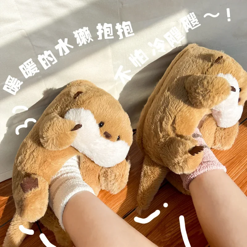 New Cute Otter Animal Slippers Plush Toy Slippers Funny Animal Warm Winter Adult Shoes Doll Women's Indoor