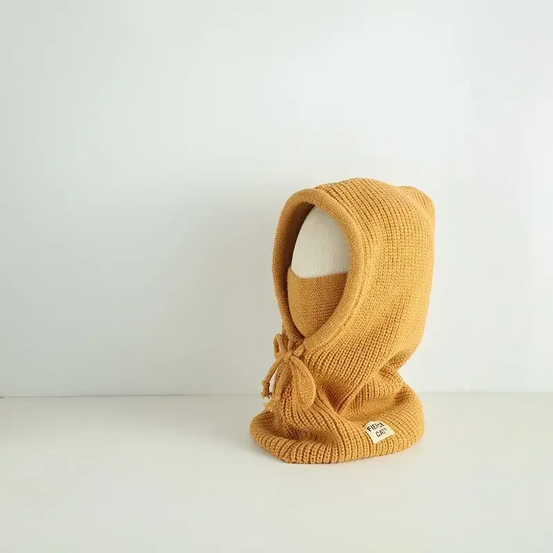 Winter Girls Sweater Hat Solid Color Children's Hat Scarf All-in-One Hat Balaclava Boy Knitted Pullover Hat Beanies