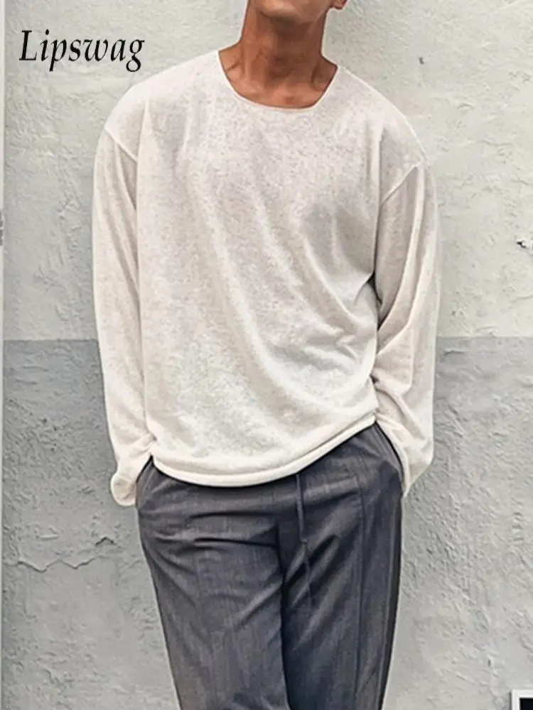 Spring Fall Outdoor Casual Pullover Mens Knitting Ice Silk Long Sleeve Crew Neck T Shirts Men Clothing Vintage Solid Color Tees
