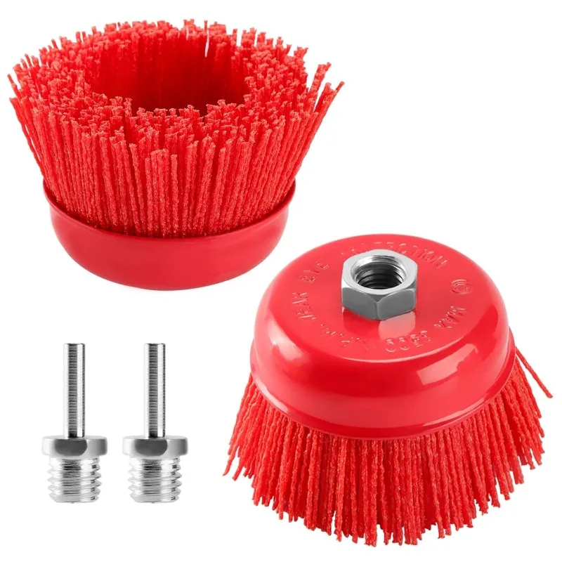 

POLIWELL 4 Inch Nylon Filament Brush 2 Pack, 4” Abrasive Bristle Cup Brush Set 5/8"-11 Thread, 1/4" Arbor Max 8500 RPM for Varia