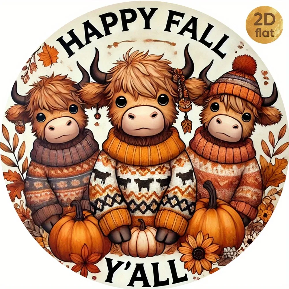 علامة إكليل البقرة المرتفعات العتيقة "Happy Fall Y'All" - قطعة واحدة مقاس 7.87 × 7.87 بوصة فن جداري حديدي مستدير مسطح ثنائي الأبعاد، ديكور للمنزل والمقهى والشرفة