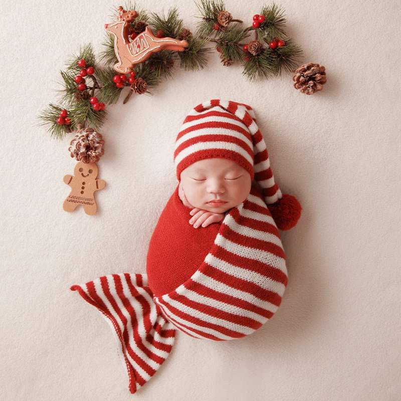 Christmas Theme Newborn Photography Outfits Striped Christmas Hat& Swaddling Blankets Pine Cones Gingerbread Men PhotographyProp