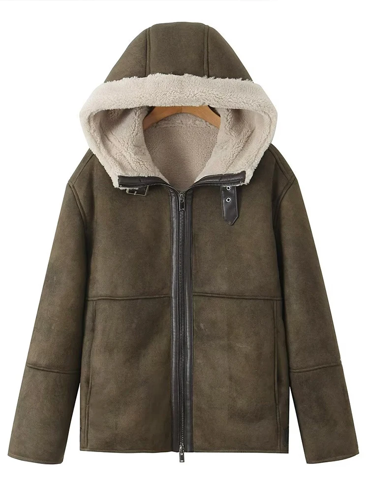 

2024 autumn and winter new loose outdoor warm plus velvet hooded double-sided long-sleeved jacket for women