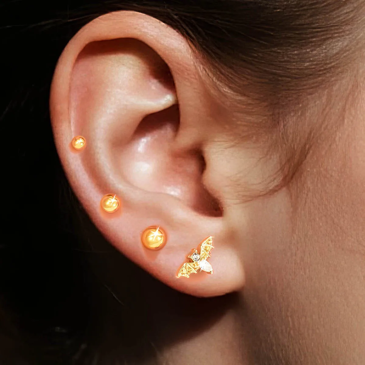 4Pcs Gothic Bat Design Piercing Earrings, Crystal Zirconia Cartilage Tragus Helix Studs, Gothic Style Body Jewelry