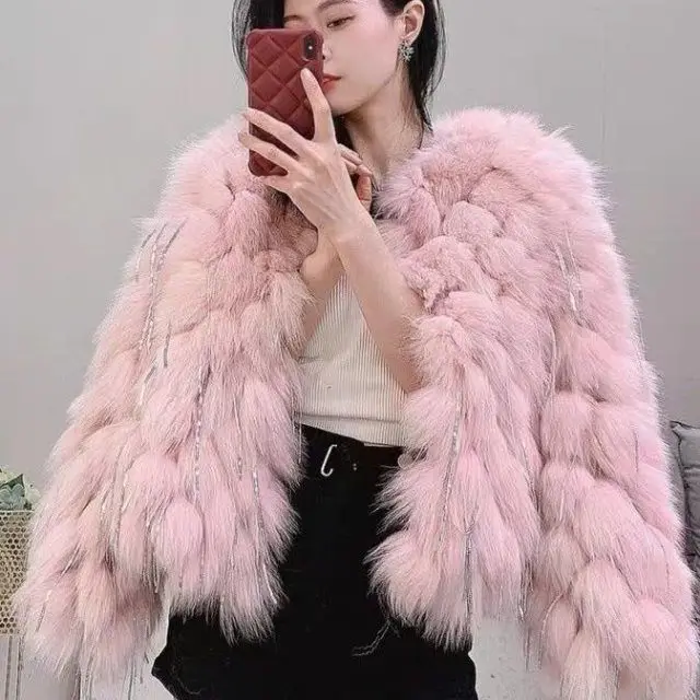 

Winter Striped Sewed Genuine Mink Fur Beaded Tassels Jacket Fox Fur Sequined Tassels Fluffy Coat Flocking Cardigan Hairy Tops