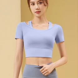 Women's Mesh Training Fitness Top Gym Workout Fake 2 Pieces Yoga Shirt Quick Drying Breathable Short Sleeve Sports Crop Top