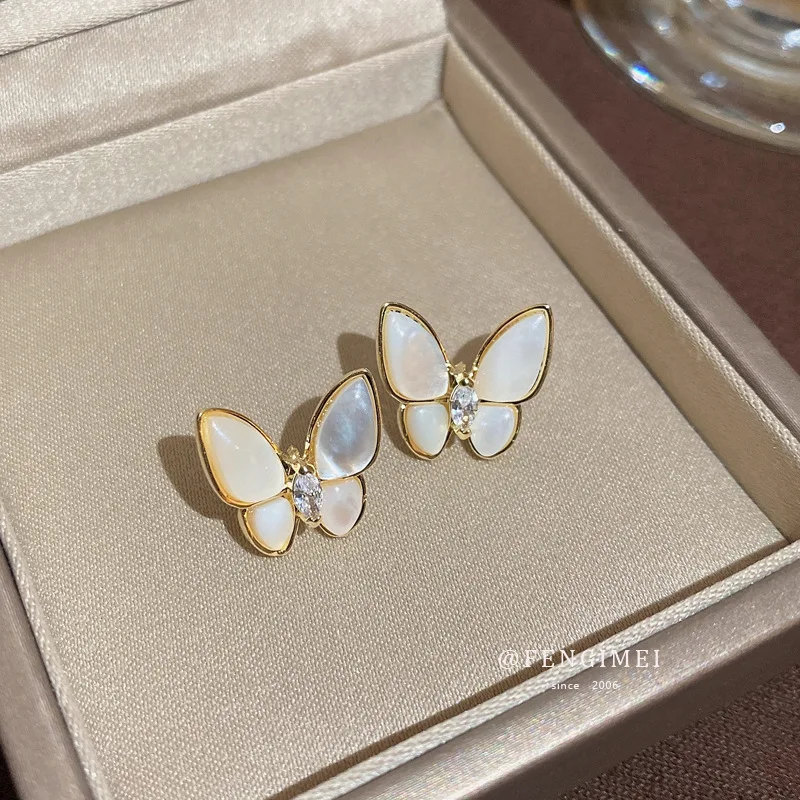 925 Silver Needle Mother-of-pearl Zircon Butterfly Earrings Sweet and Fashionable Temperament Earrings All-match Earrings