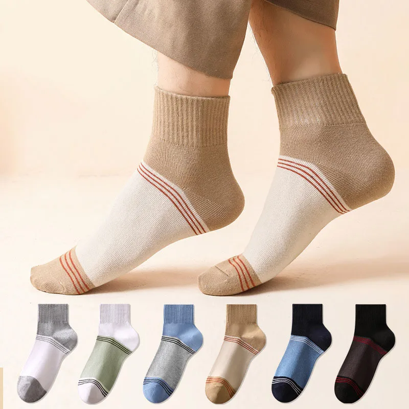 5 Pairs Contrasting Color Men Sports Socks Absorb Sweat Breathable Deodorant Antibacterial Autumn And Winter Sports Socks