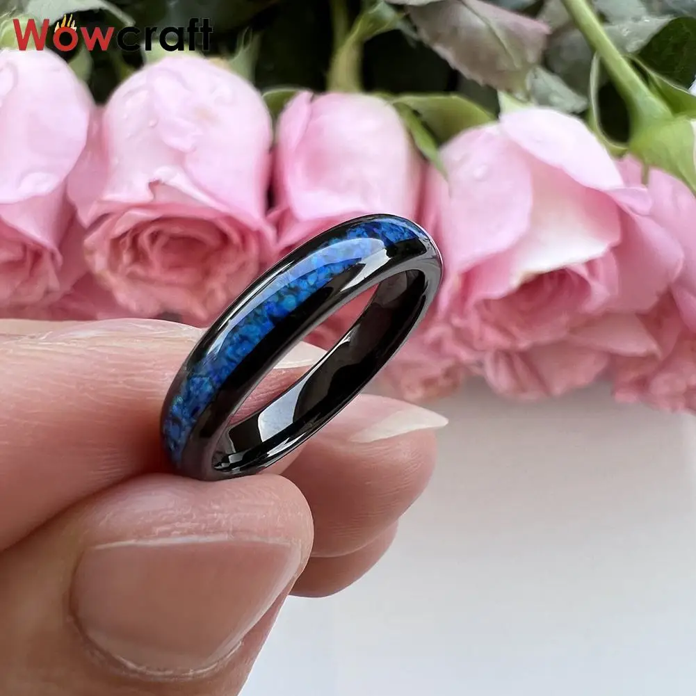 Tungsten Carbide Ring for Women Men Genuine Blue Opal Inlay Fashion Jewelry Engagement Wedding Band