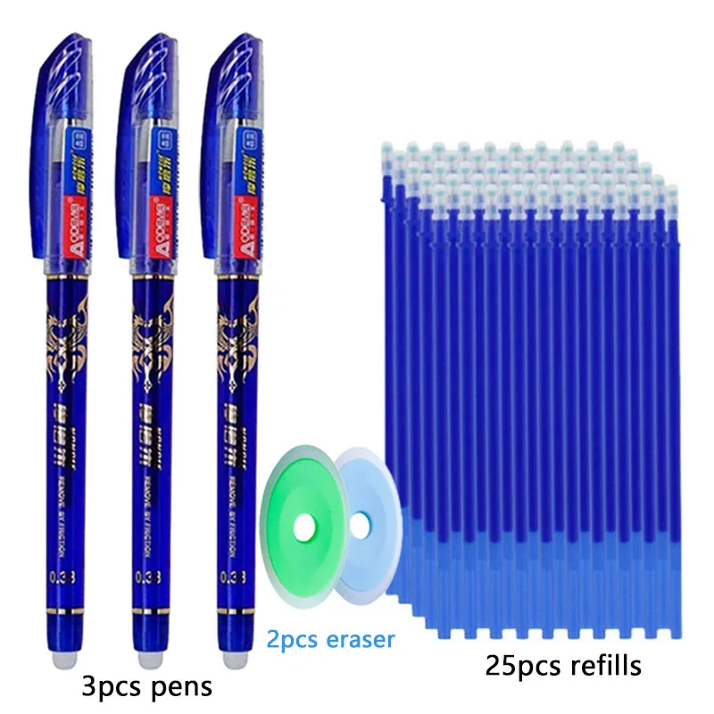 30pcs/set Blue/black/red Erasable Pen Set Dragon Pattern Design Gel Pen 0.5mm Washable Handle School Stationery Office Supplies
