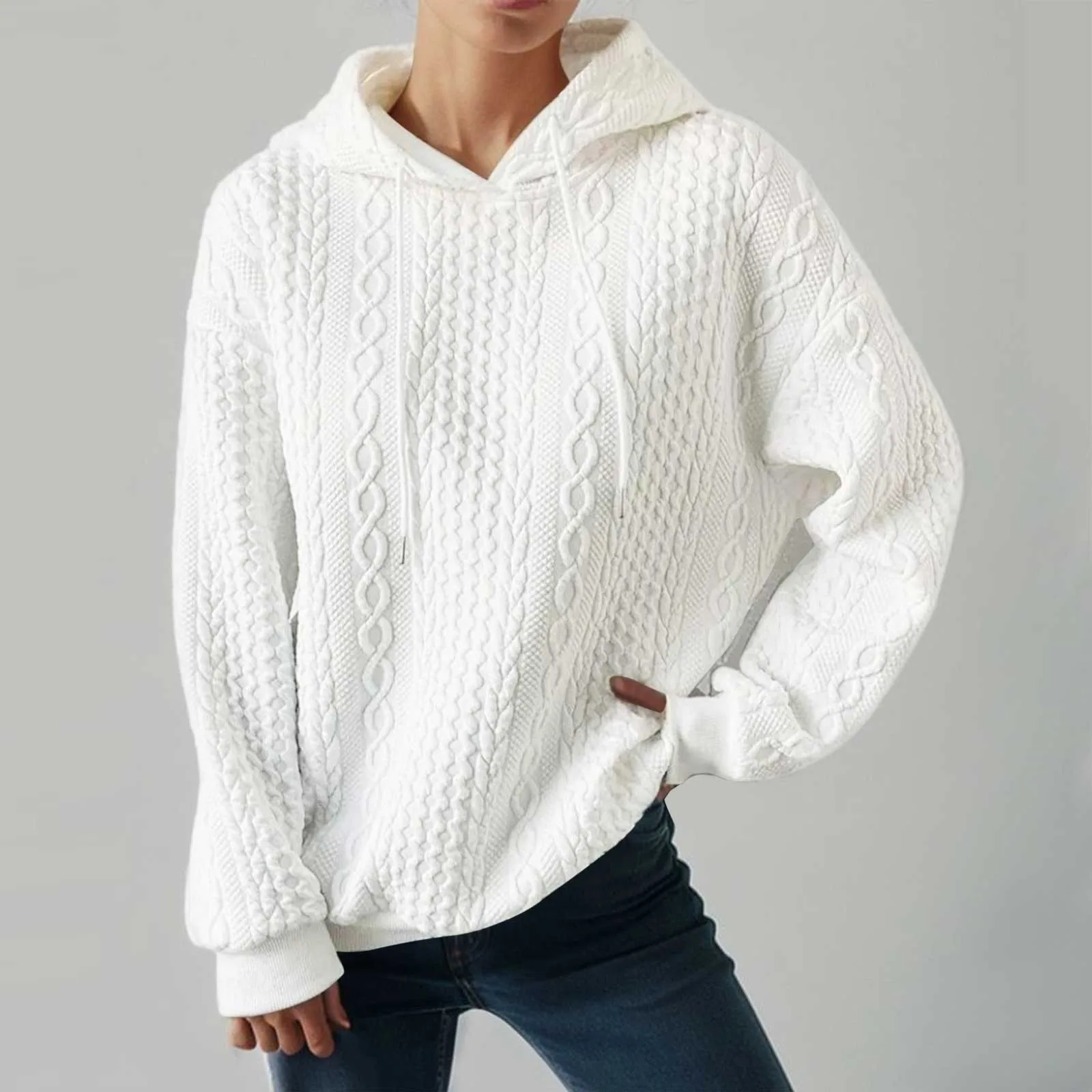 

Female Autumn Casual Top Solid Color Office Sweatshirt Pullover 2024 Women Long Sleeve Jacquard Pattern Knitted Jumper Hoodie