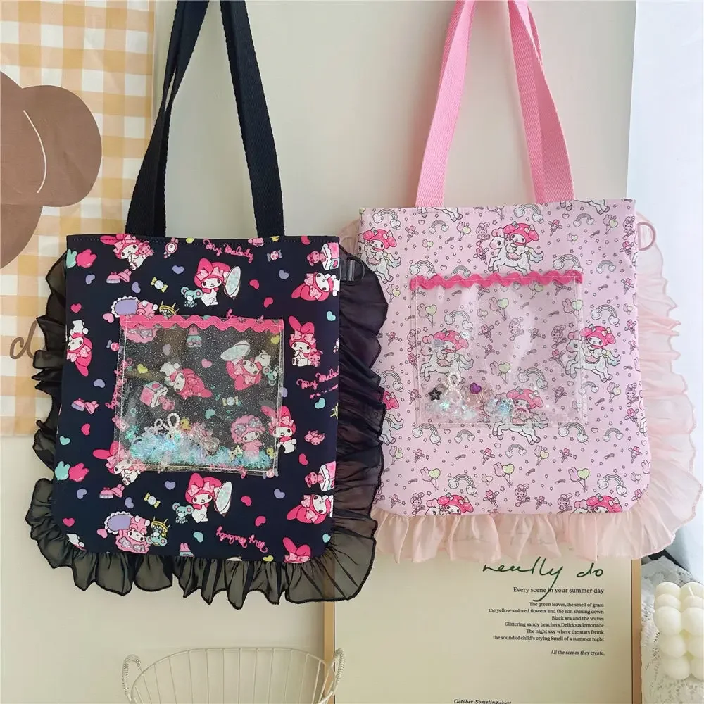 Sanrio My Melody Shoulder Storage Bag Kawaii Cartoon Large Capacity Cosmetic Bag Cute Lace Girly Heart Handmade Quicksand Bag image 2
