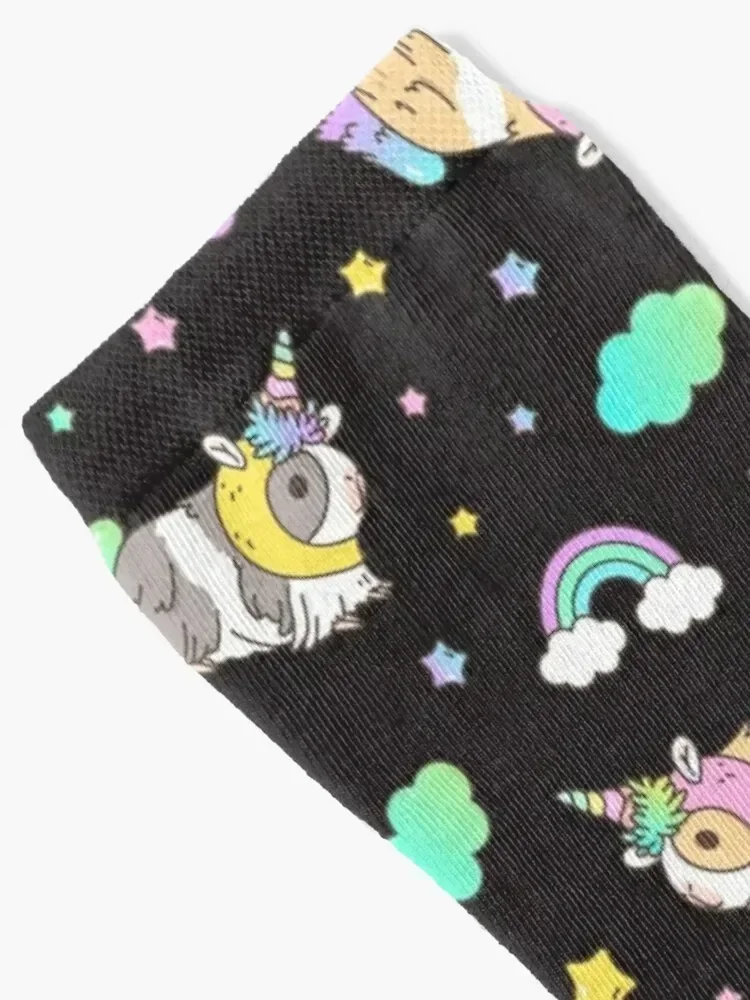 Guinea pig Pattern_Kawaii Guinea pig in Unicorn costume kawaii Pattern in Black Background Socks gift Men Socks Women's