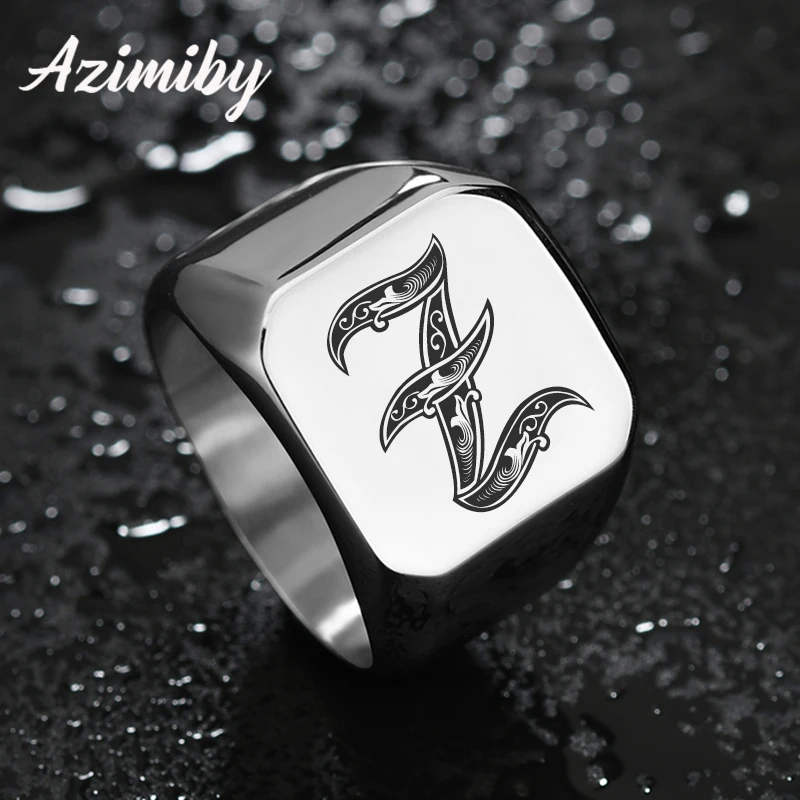 Azimiby Retro Custom A-Z Initial Letters Ring For Men Women 18mm Thick Square Male Stainless Steel Customized Jewelry Party Gift