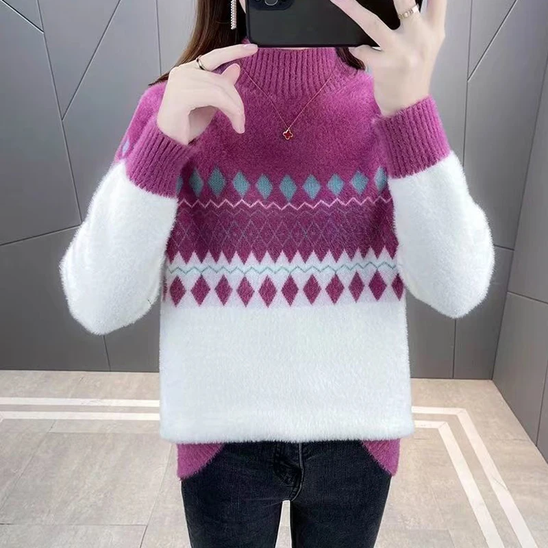 Sweater Korea lengan panjang wanita, atasan Pullover lengan panjang kerah setengah tinggi kasual rajutan hangat warna kontras musim gugur dan dingin