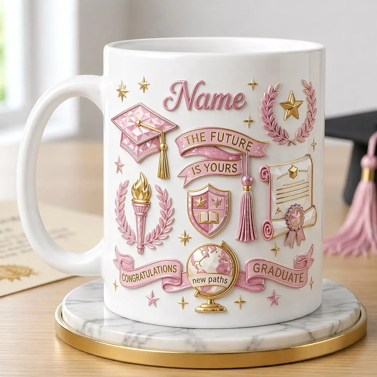 Customized Graduation Mug (women's Model), Engraved Graduation Commemorative Gift, Pink Gold Color Scheme Graduation Coffee Cup,
