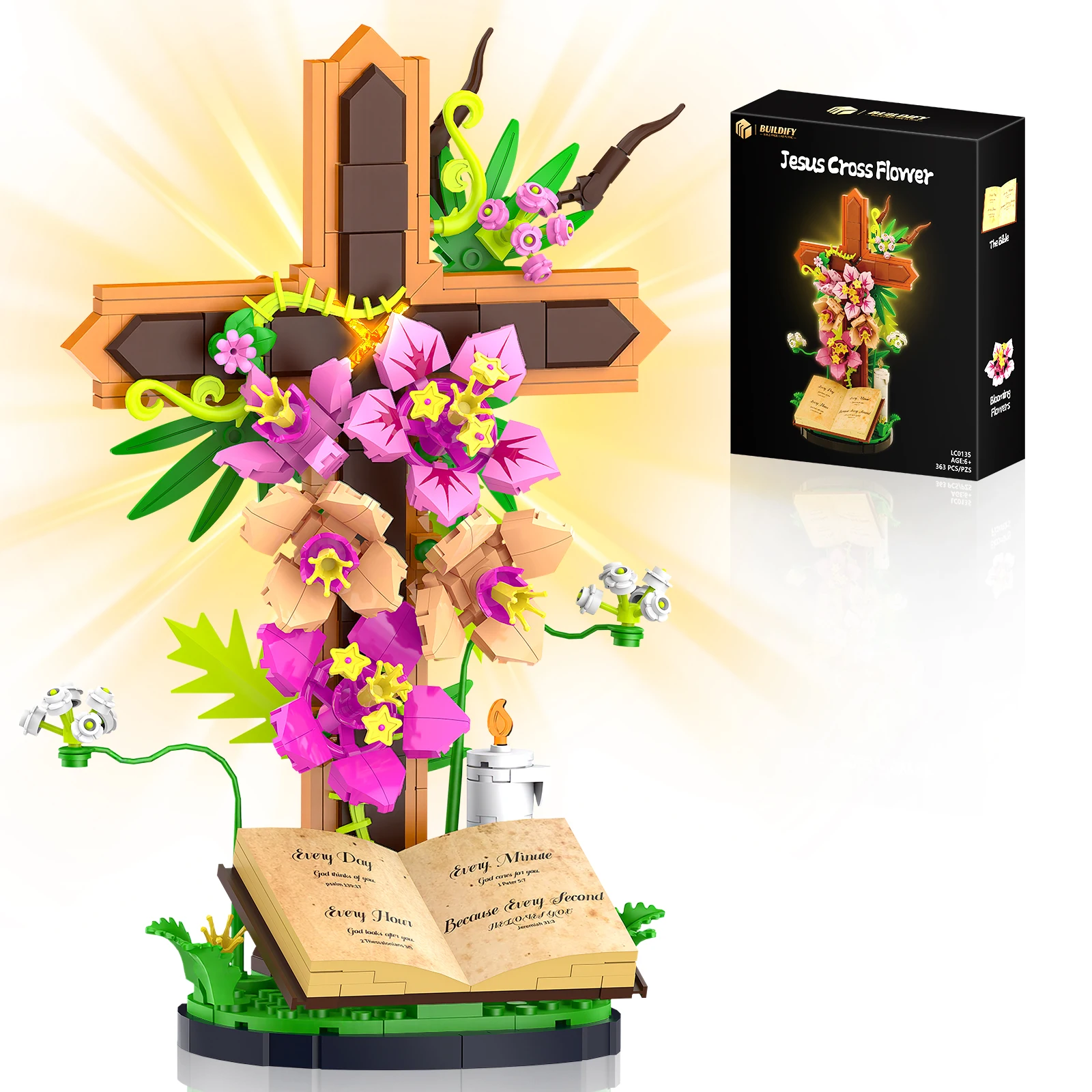 

Jesus Cross Flower Building Set, Tulip Decorative Bricks,Religious Cross Collectibles Jesus Catholic Toys, Gifts for Women