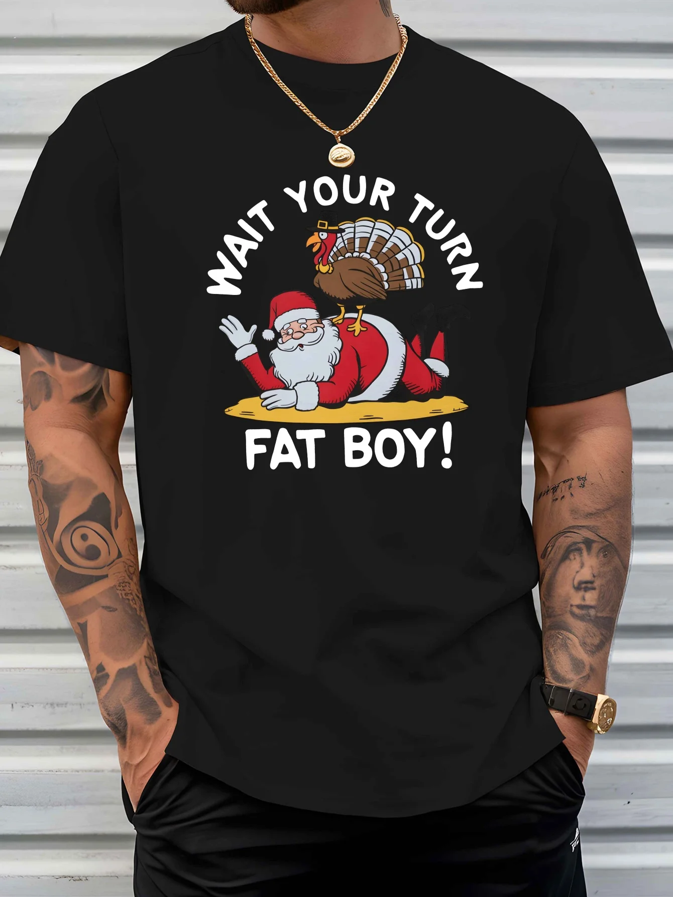 Santa Turkey Wait Your Turn Fat Boy Graphic Mens T Shirt Thanksgiving Xmas Short Sleeve Crew Neck Cotton Tee Holiday Casual Top