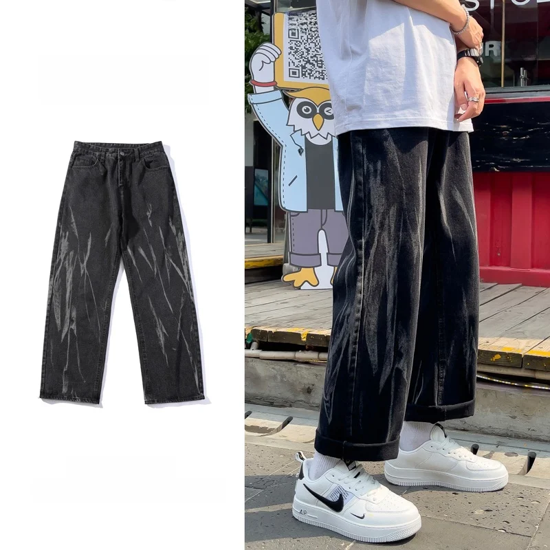 

Retro Japanese Sle Tie Dye Jeans Men's Trendy Loose Straight Casual Haome Wide Leg Old Dad Pants Summer Faion