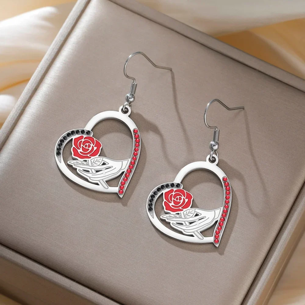 Skyrim Rose Heart Zircon Earring Necklace Women Stainless Steel Gold Color Red Enamel Flower Jewelry Set Anniversary Gift