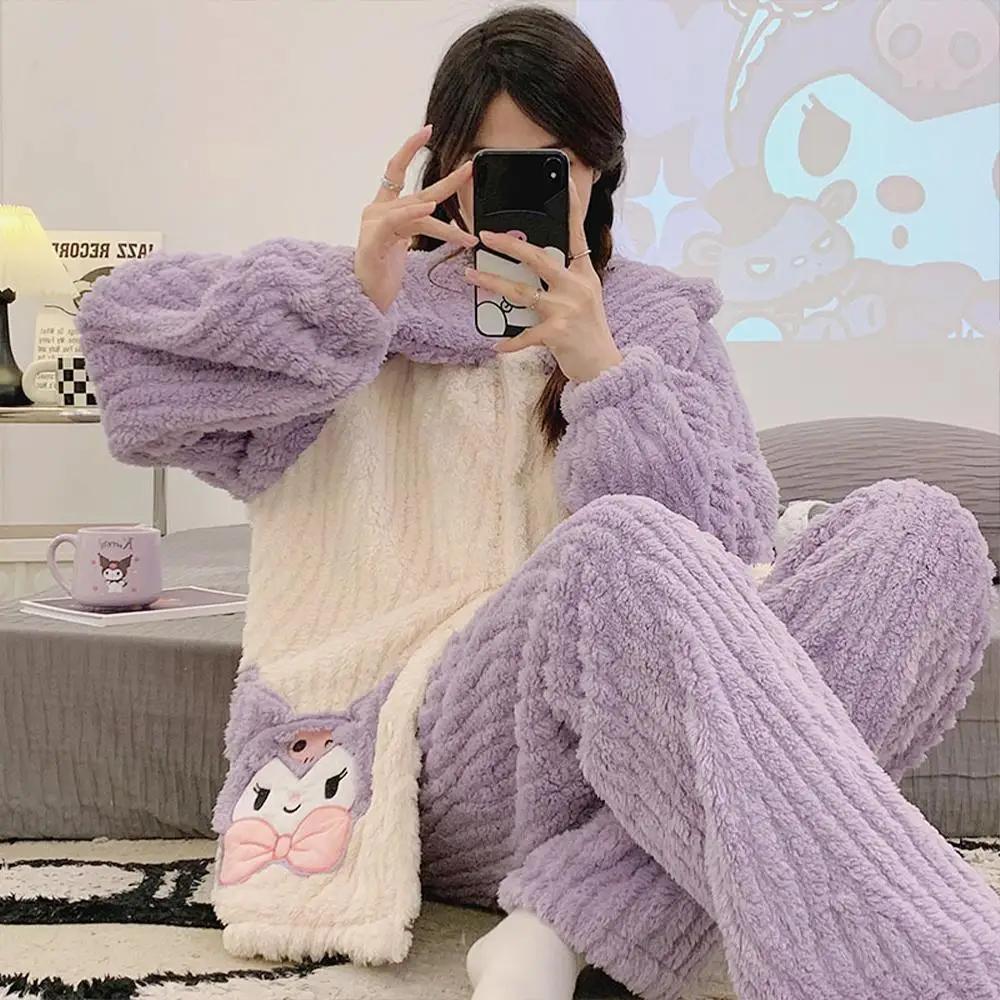 Anime Plush Pajamas Suit Winter Kuromi Cartoon Women Home Clothes Cute Coral Fleece Soft Warm Sleepwear Kawaii Girls Homewear