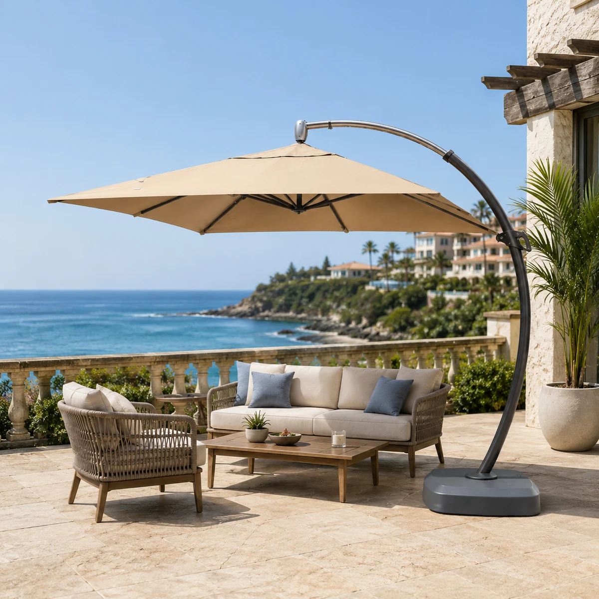 Garden Patio Umbrella Aluminum Frame Waterproof/UV-Proof Outdoor Folding Beach/Villa Curved Arm Cantilever Umbrella