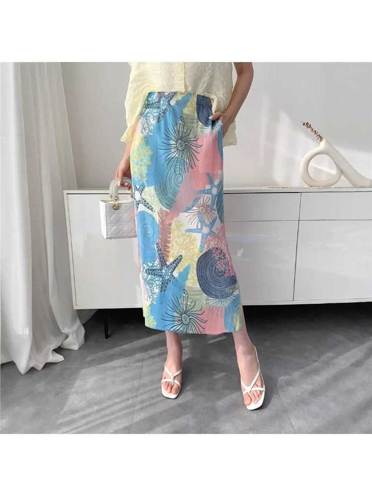 

Half Skirt Women's Summer New Miyake Pleated Printed High Waisted A-line Skirt with Slits on Both Sides Straight Tube Skirt