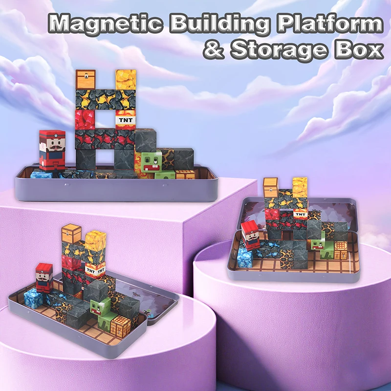 35 STKS Mijn-Thema Magnetische Bouwstenen Magneet Kubussen met Draagbare Ijzeren Doos STEM Zintuiglijke Reizen Speelgoed voor Kinderen Kerstcadeaus