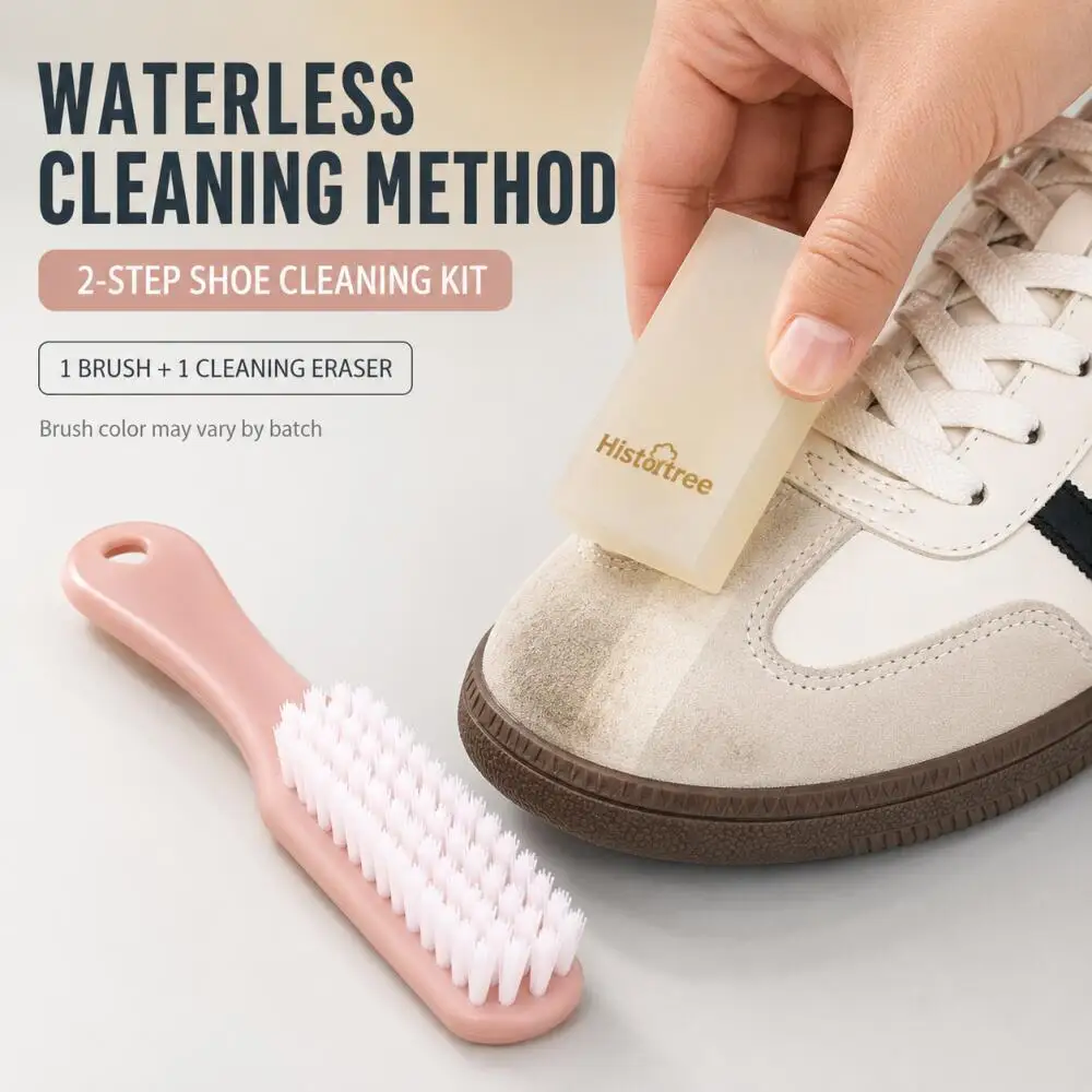 2-piece suede shoe cleaning kit, dry-use shoe cleaning eraser + soft bristle brush, waterless stain remover for nubuck sneakers