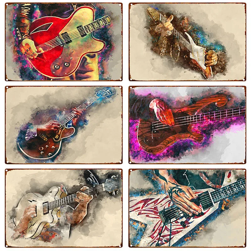 Famous Musical Instruments Guitar Metal Signage Tin Painting Rock Music Poster Home Living Room Club Band Wall Art Decoration