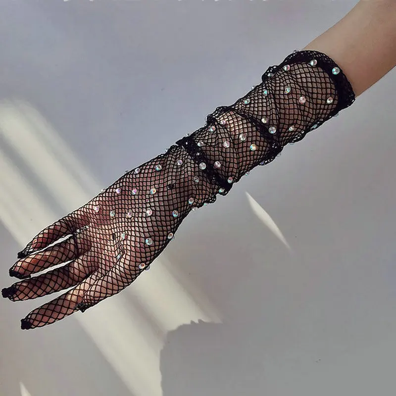 

Stretch Rhinestones Mesh Long Gloves Flash Diamond See-through Mesh Full Finger Gloves Dancer Singer Nightclub Stage Accessories