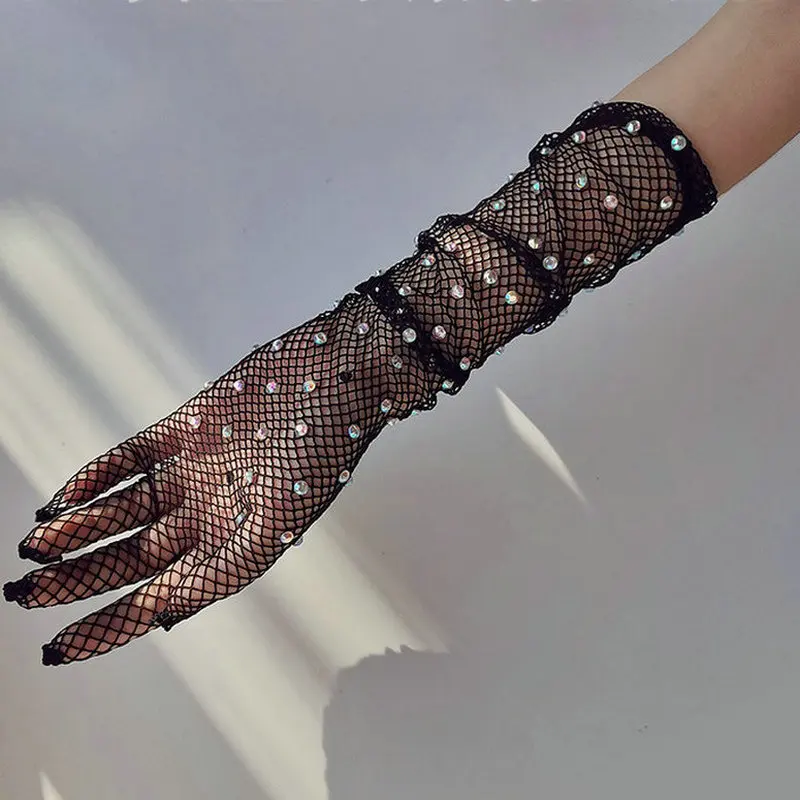 Stretch Rhinestones Mesh Long Gloves Flash Diamond See-through Mesh Full Finger Gloves Dancer Singer Nightclub Stage Accessories