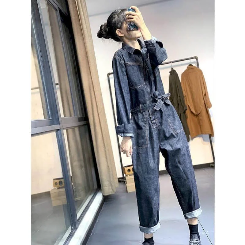 

Новый модный джинсовый комбинезон, женский синий джинсовый комбинезон с длинным рукавом, цветная строчка, высокая талия, большой размер, повседневный Цельный Наряд для женщин