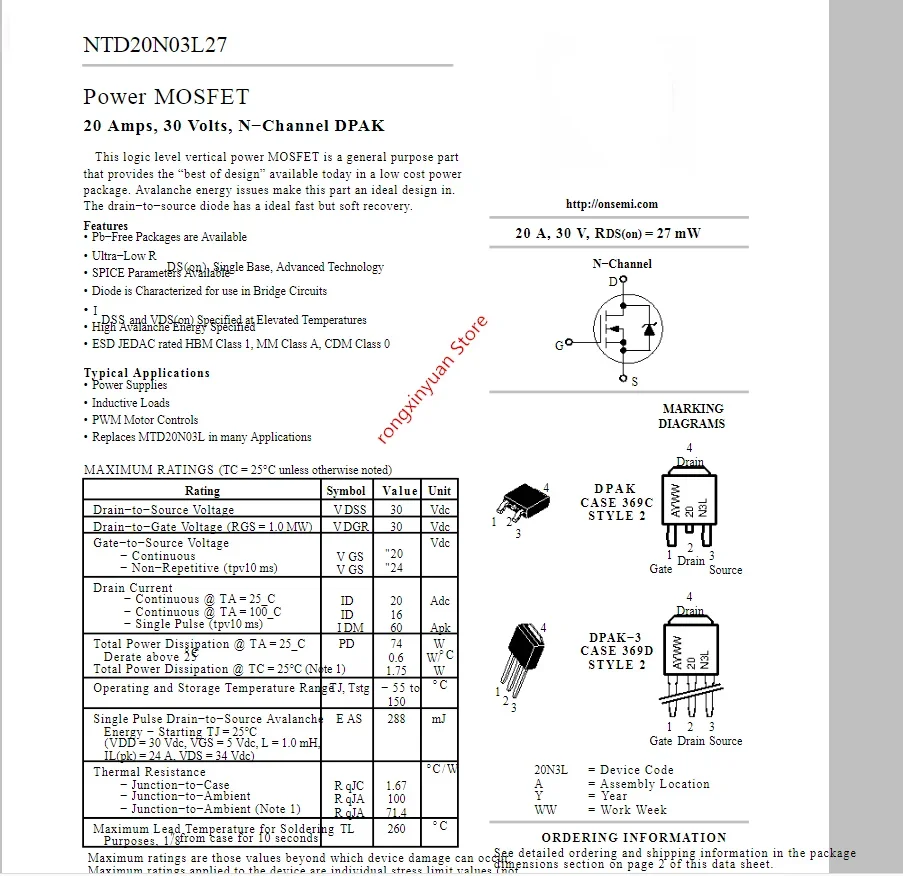 20pcs/lot  NTD20N03L27T4G  20N3LG TO-252 NTD20N03L27  20N3LG NTD20N03  Power MOSFET 20A, 30V, N−Channel  100% New original