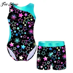 Children Girls Sleeveless Print Dance Leotard with Shorts Ballet Gymnastic Bodysuit Dancwewear Yoga Fitness Sportswear Swimwear