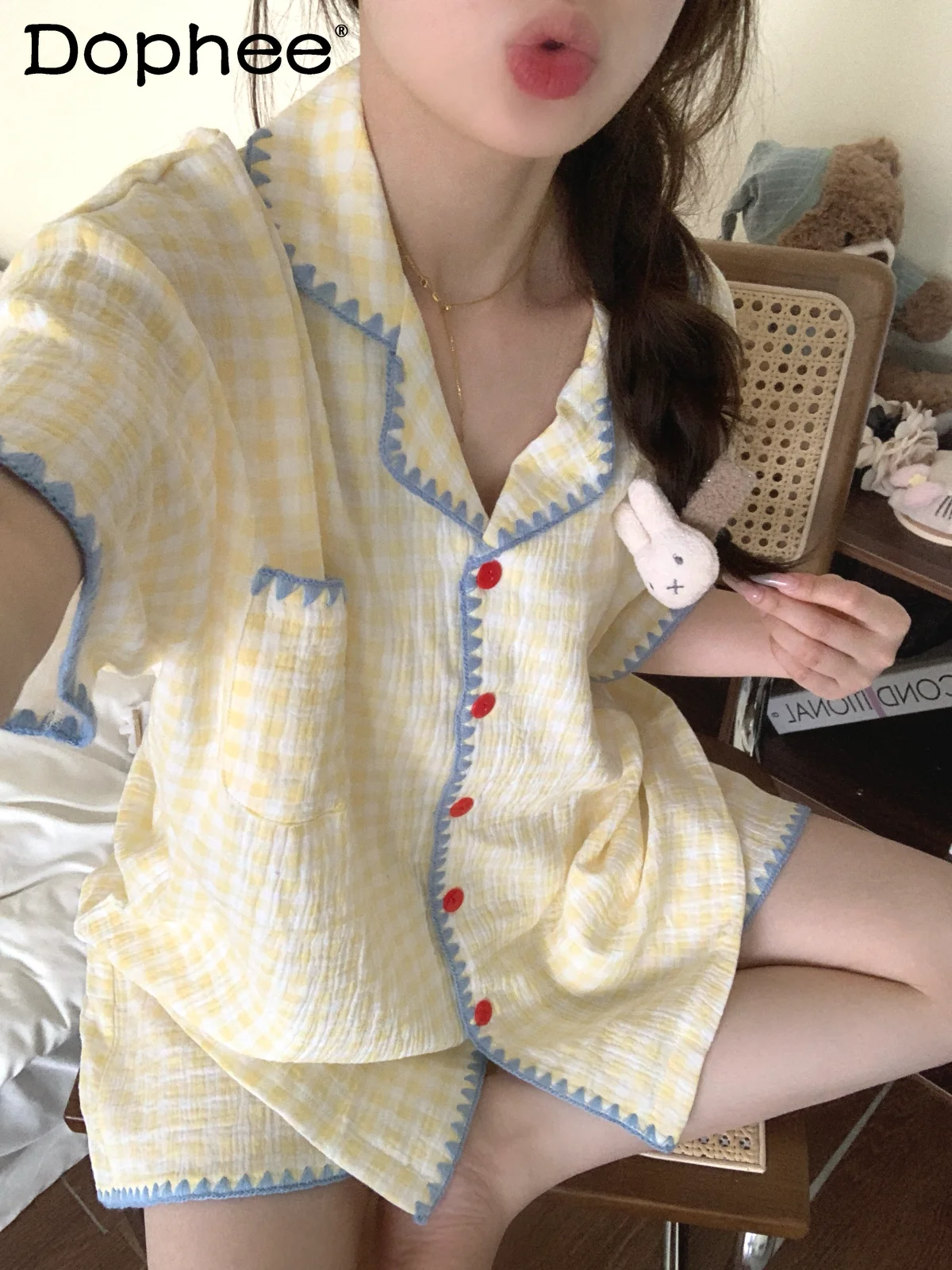 

Japanese Ins Cute Plaid Cotton Yarn Short-sleeved Lapel Pajamas Women's Summer 2025 New Soft and Comfortable Casual Loungewear