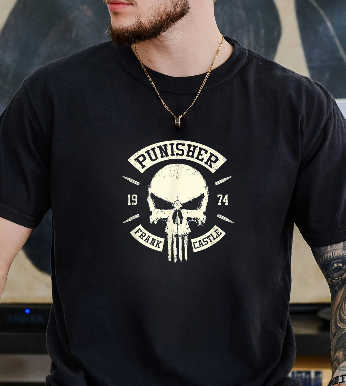 

MARVEL Punisher Graphic Tee Skull Logo Print Pure Cotton T-shirt Summer Autumn Men's Children‘s Outfits Comfortable Family Tee